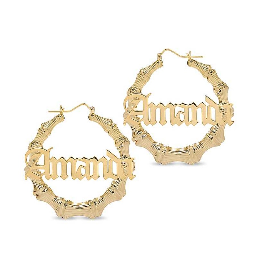 Banter Personalized Gothic Name Bamboo Hoop Earrings In Sterling Silver With 14K Gold Plate Earrings