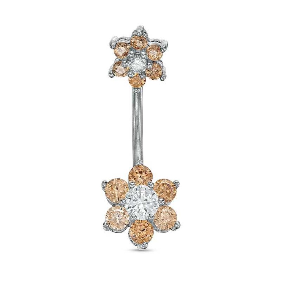 Banter Stainless Steel Cz Champagne And White Double Flower Belly Button Ring - 14G Belly Button