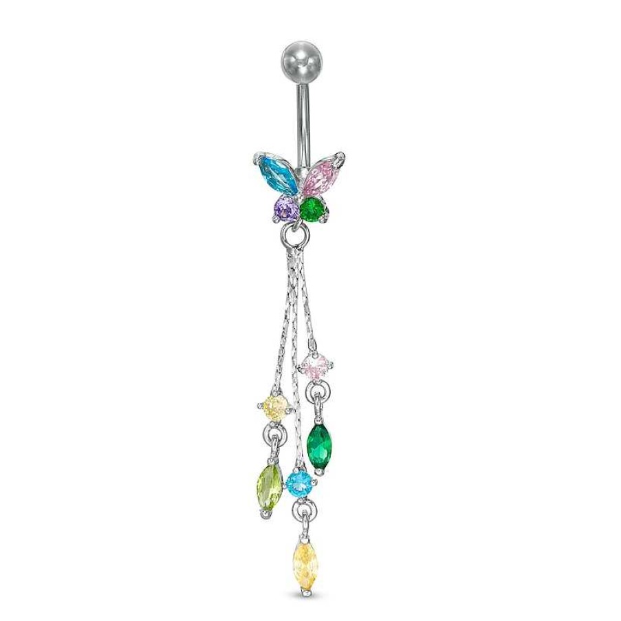 Banter Solid Stainless Steel And Brass Cz Multi-Color Butterfly With Triple Dangle Belly Button Ring - 14G Belly Button