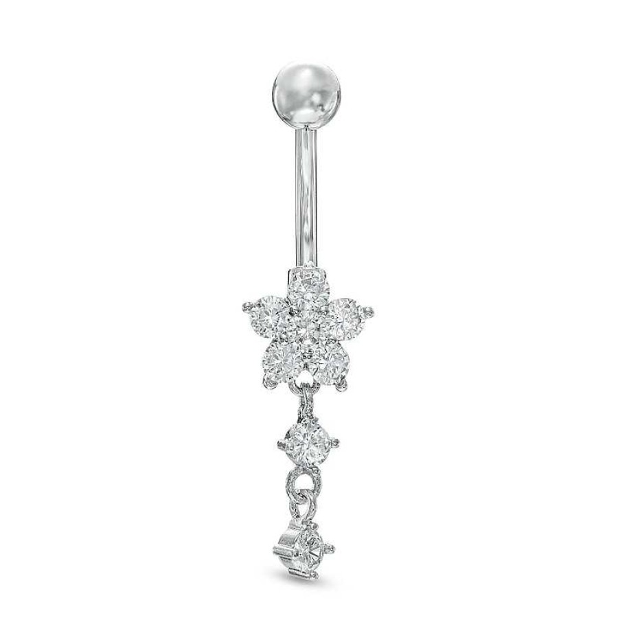 Banter 014 Gauge Cubic Zirconia Double Dangle Flower Belly Button Ring In Solid Stainless Steel And Brass Belly Button