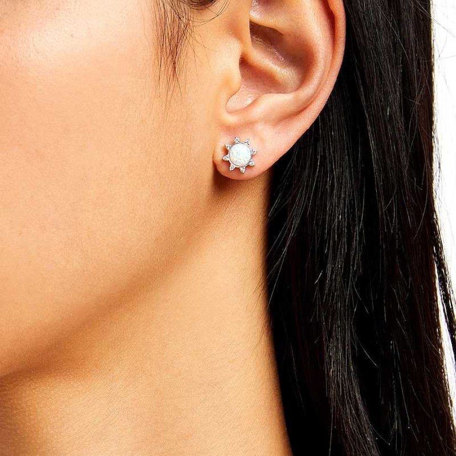 Banter Sterling Silver Simulated Opal And Cz Sun Studs Earrings