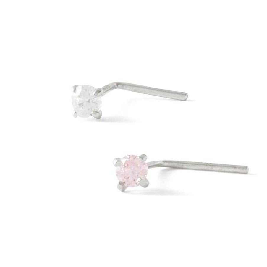 Banter 14K Semi-Solid White Gold Cz L-Shaped Nose Stud Set - 22G Nose