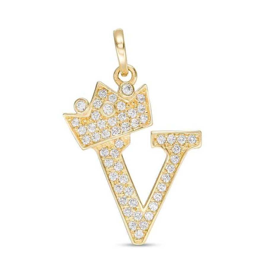 Banter Cubic Zirconia "V" Initial With Crown Necklace Charm In 10K Solid Gold Charms