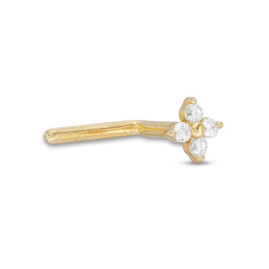 Banter 14K Semi-Solid Gold Cz Four-Stone Flower L-Shape Nose Ring - 20G 1/4" Nose