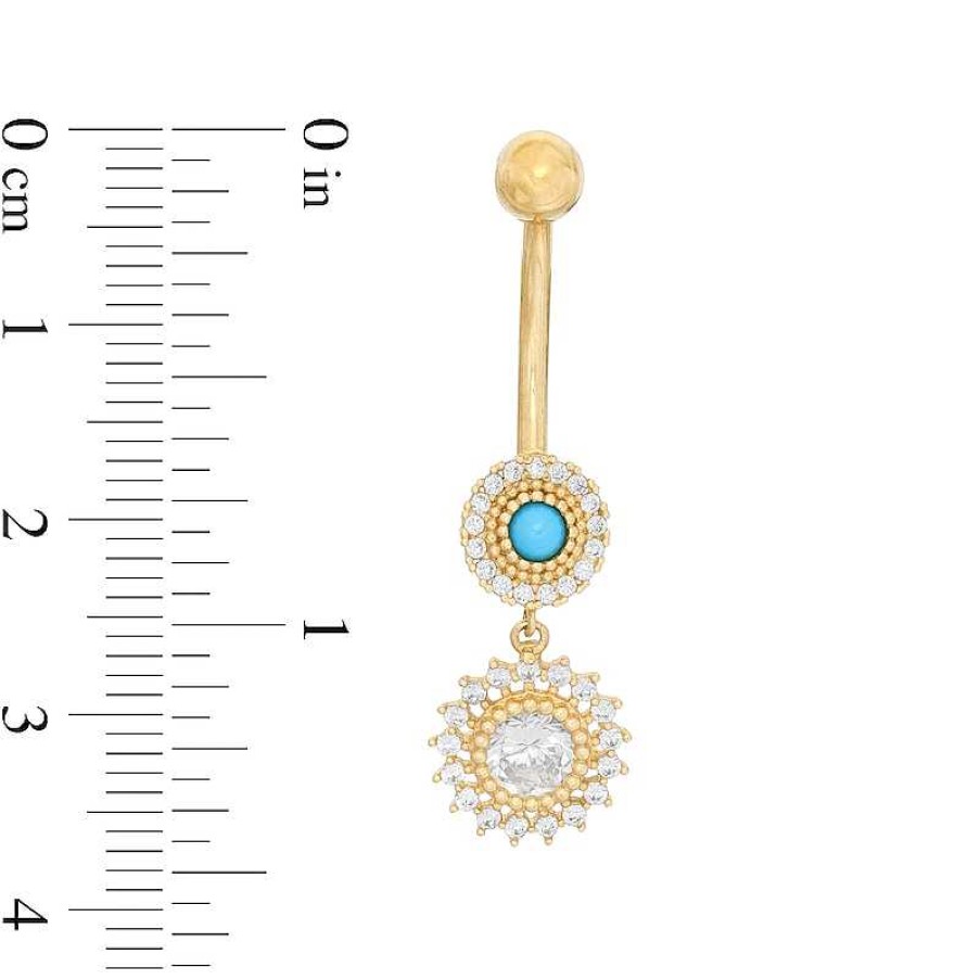 Banter 014 Gauge Simulated Turquoise And Cubic Zirconia Beaded Sunburst Dangle Belly Button Ring In 10K Gold Belly Button