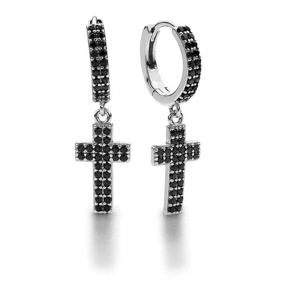 Banter Sterling Silver Black Cz Double Row Cross Dangle Huggies Earrings