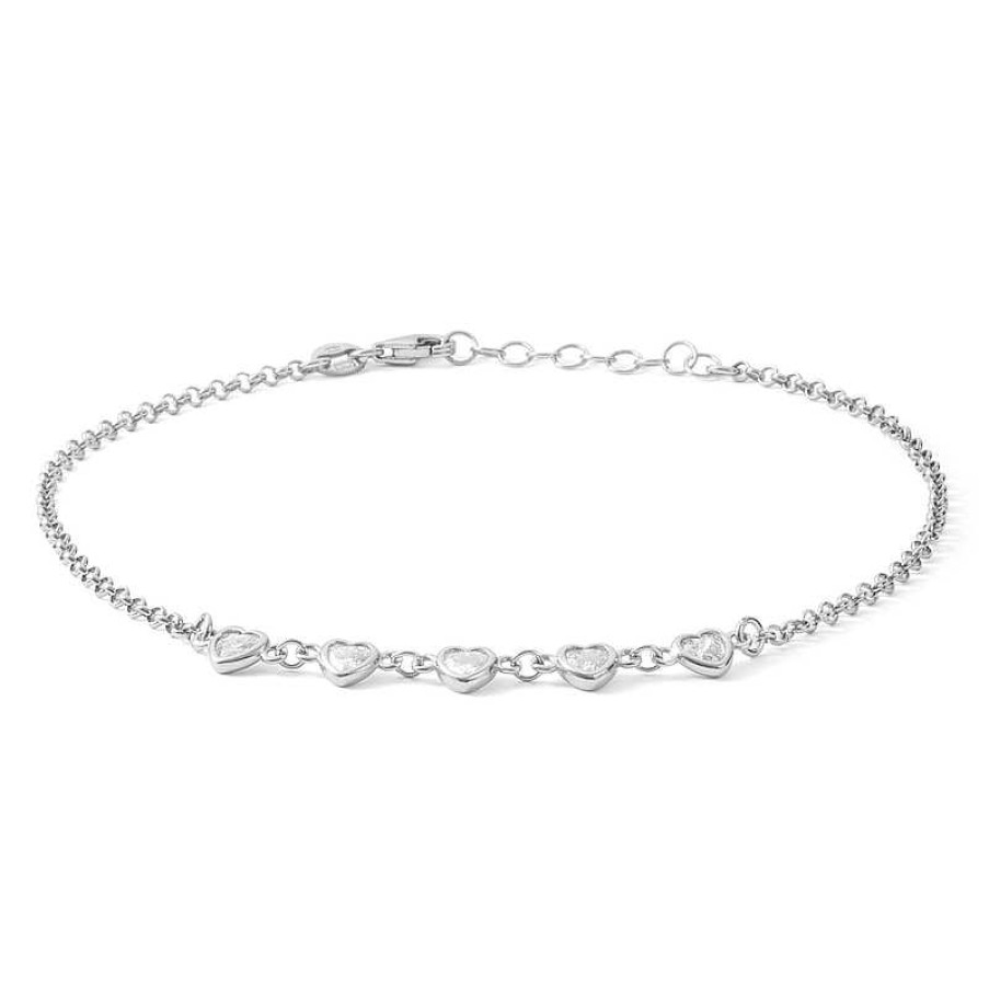 Banter Made In Italy 5Mm Heart-Shaped Cubic Zirconia Five Stone Anklet In Solid Sterling Silver - 10" Ankle