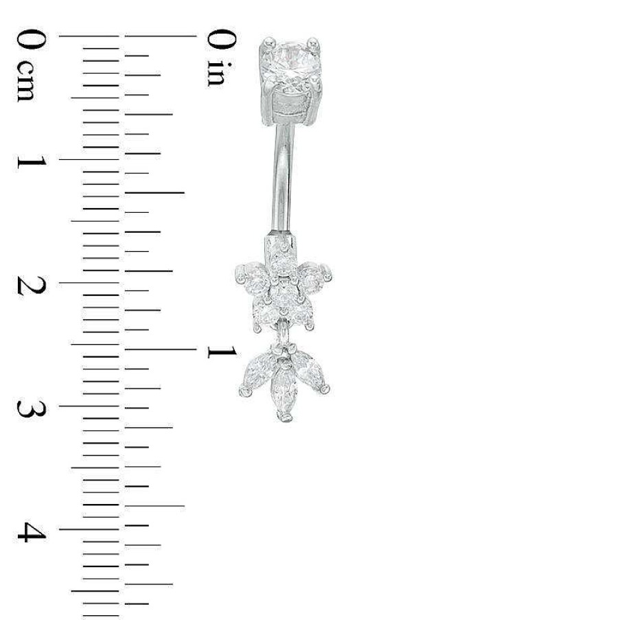 Banter Solid Stainless Steel Cz Flower And Leaf Trio Dangle Belly Button Ring - 14G Belly Button