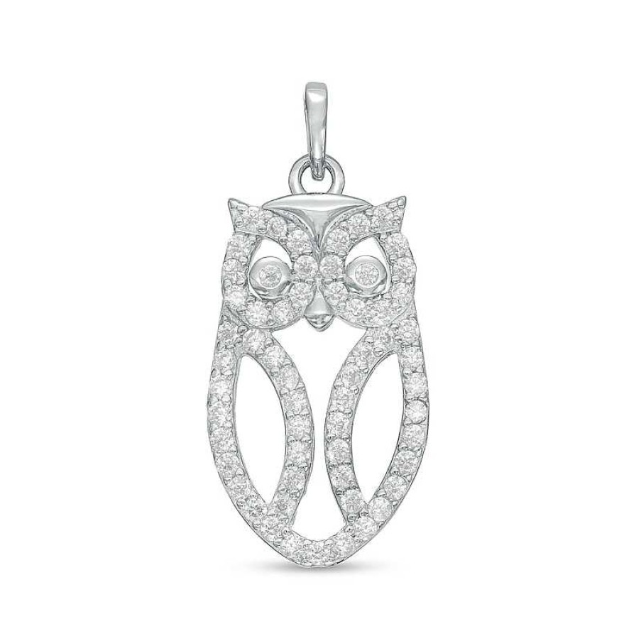 Banter Cubic Zirconia Mini Owl Outline Solid Necklace Charm In Solid Sterling Silver Charms