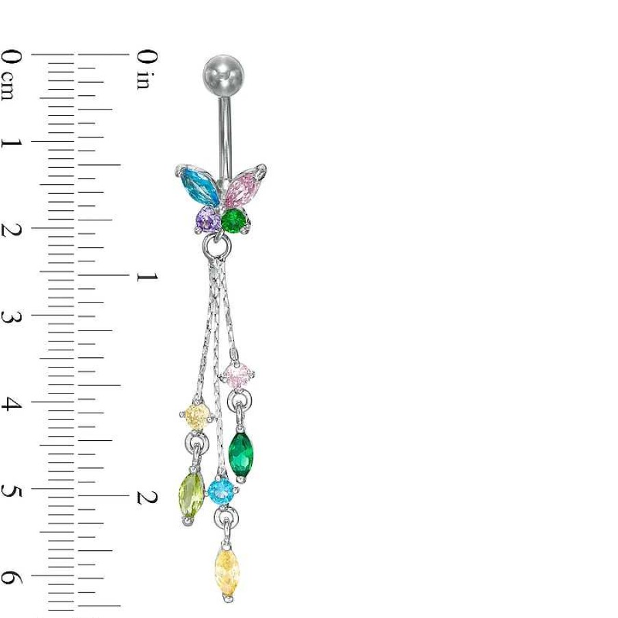 Banter Solid Stainless Steel And Brass Cz Multi-Color Butterfly With Triple Dangle Belly Button Ring - 14G Belly Button