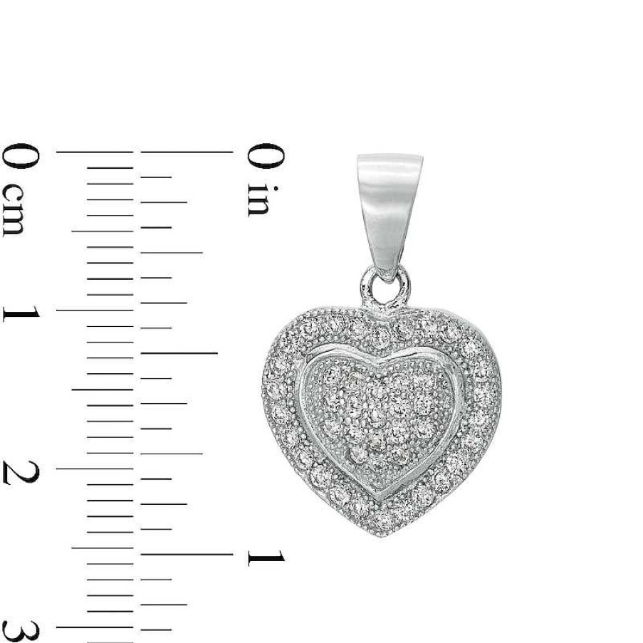 Banter Cubic Zirconia Beaded Cluster Frame Puff Heart Necklace Charm In Solid Sterling Silver Charms