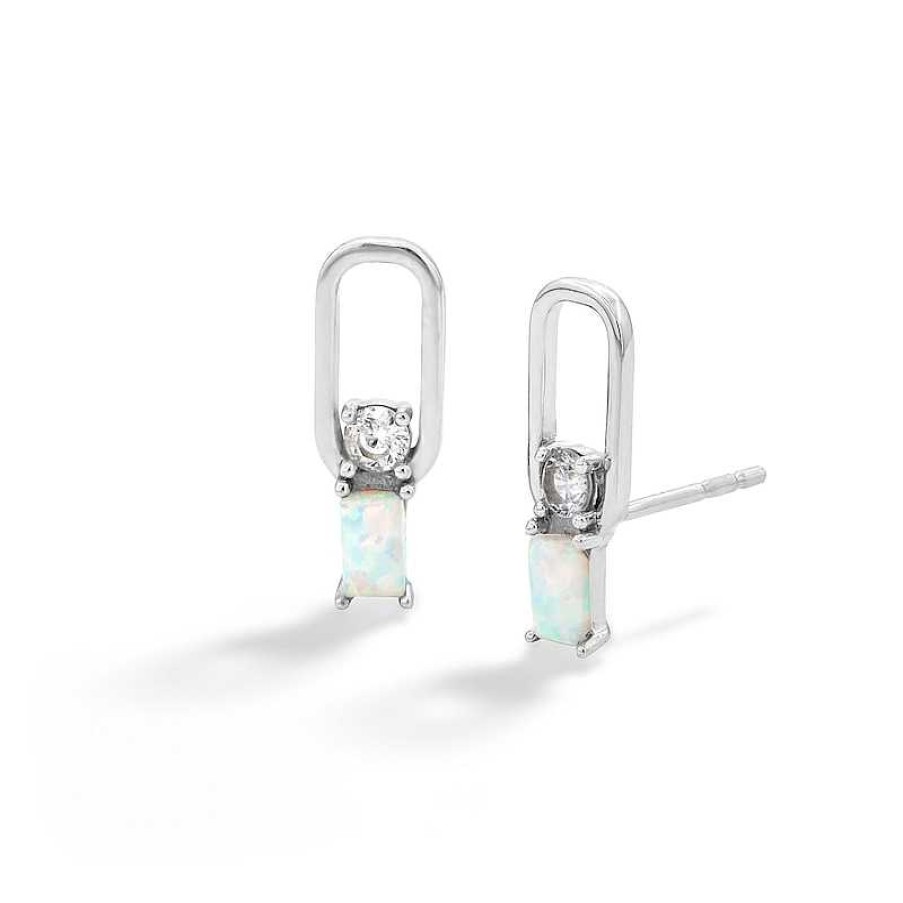 Banter Sterling Silver Simulated Opal And Cz Oval Link Studs Earrings