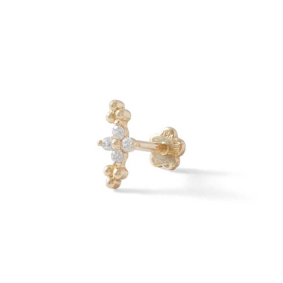 Banter 14K Solid Gold Cz Flower Double Bead Trio Crawler Stud - 18G 5/16" Ear