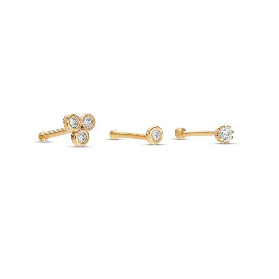 Banter 14K Solid Gold Cz Solitaire And Trio Nose Stud Set - 20G Nose