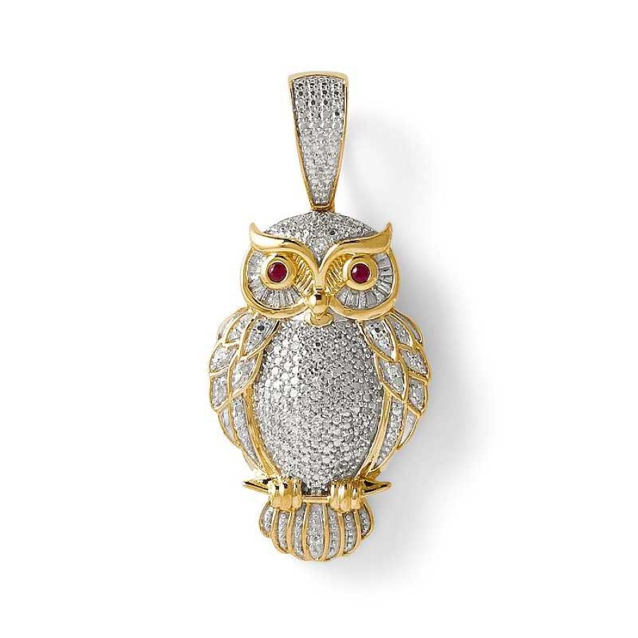 Banter 1/3 Ct. T.W. Baguette And Round Diamond With Lab-Created Ruby Owl Necklace Charm In 10K Gold Charms