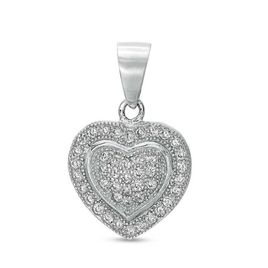 Banter Cubic Zirconia Beaded Cluster Frame Puff Heart Necklace Charm In Solid Sterling Silver Charms