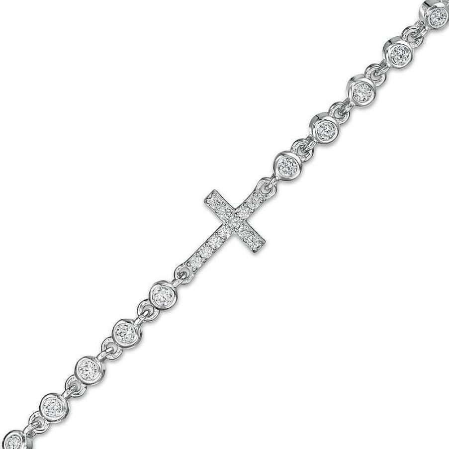 Banter Cubic Zirconia Sideways Cross With Bezel-Set Side Accent Anklet In Sterling Silver - 10" Ankle