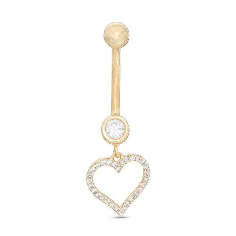 Banter 014 Gauge Cubic Zirconia Heart Outline Dangle Belly Button Ring In 10K Gold Belly Button