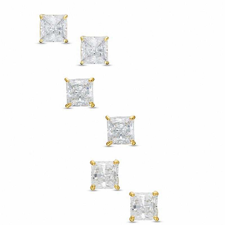 Banter Cubic Zirconia Princess-Cut Solitaire Stud Earrings Set In Sterling Silver With 14K Gold Plate Earrings