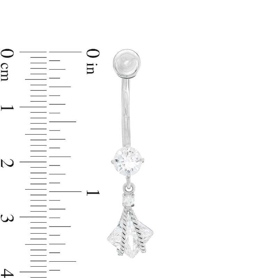 Banter 10K Semi-Solid White Gold Cz Square And Round Flower Rope Dangle Belly Button Ring - 14G Belly Button