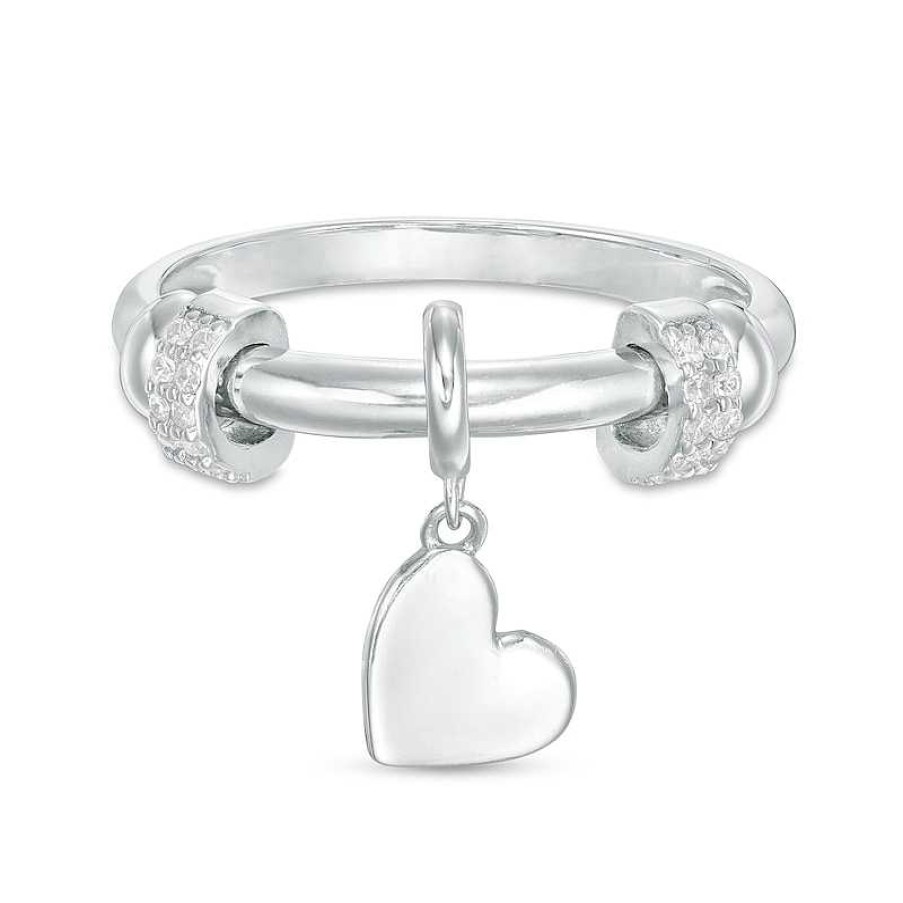 Banter Cubic Zirconia Double Barrel Charm And Heart Disc Dangle Collar Ring In Solid Sterling Silver - Size 6 Rings