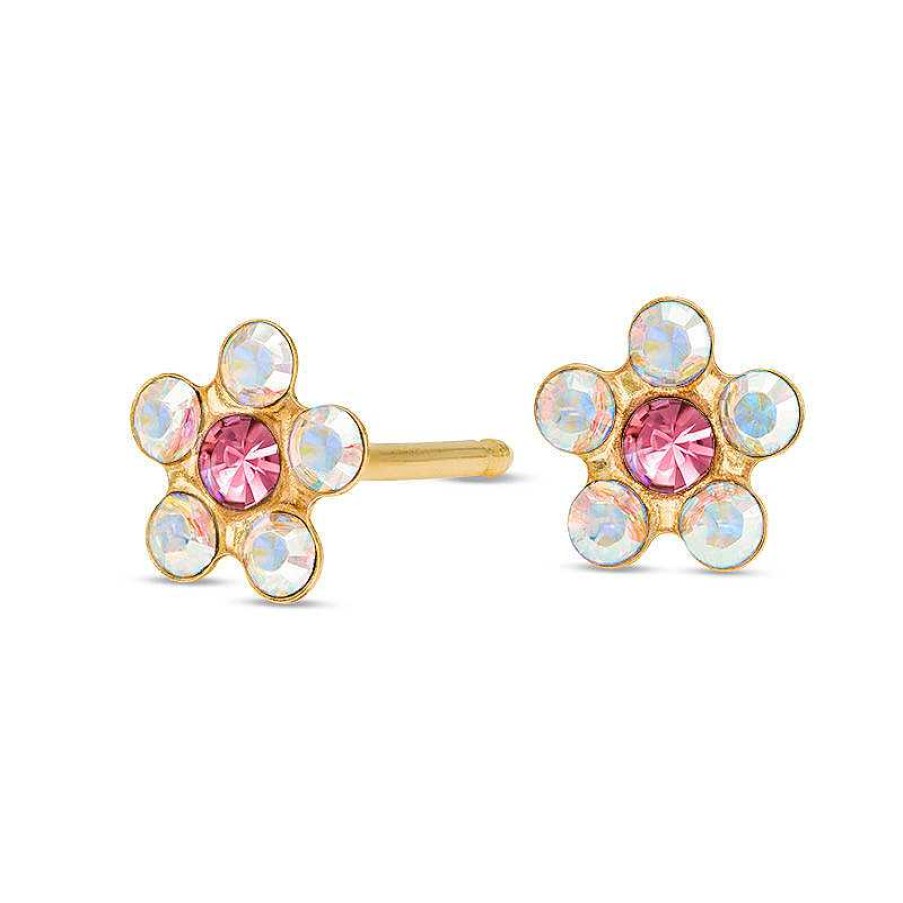 Banter Pink And White Crystal Daisy Stud Piercing Earrings In 14K Solid Gold Earrings