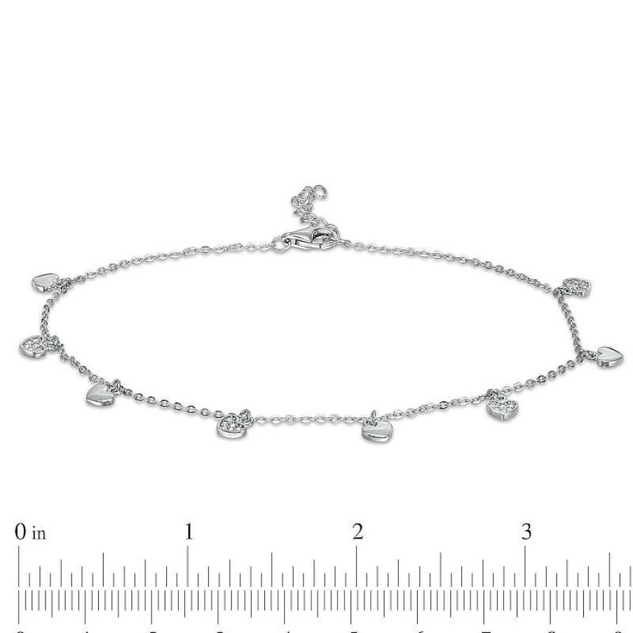 Banter Cubic Zirconia Composite And Polished Heart Alternating Dangle Station Anklet In Sterling Silver - 10" Ankle