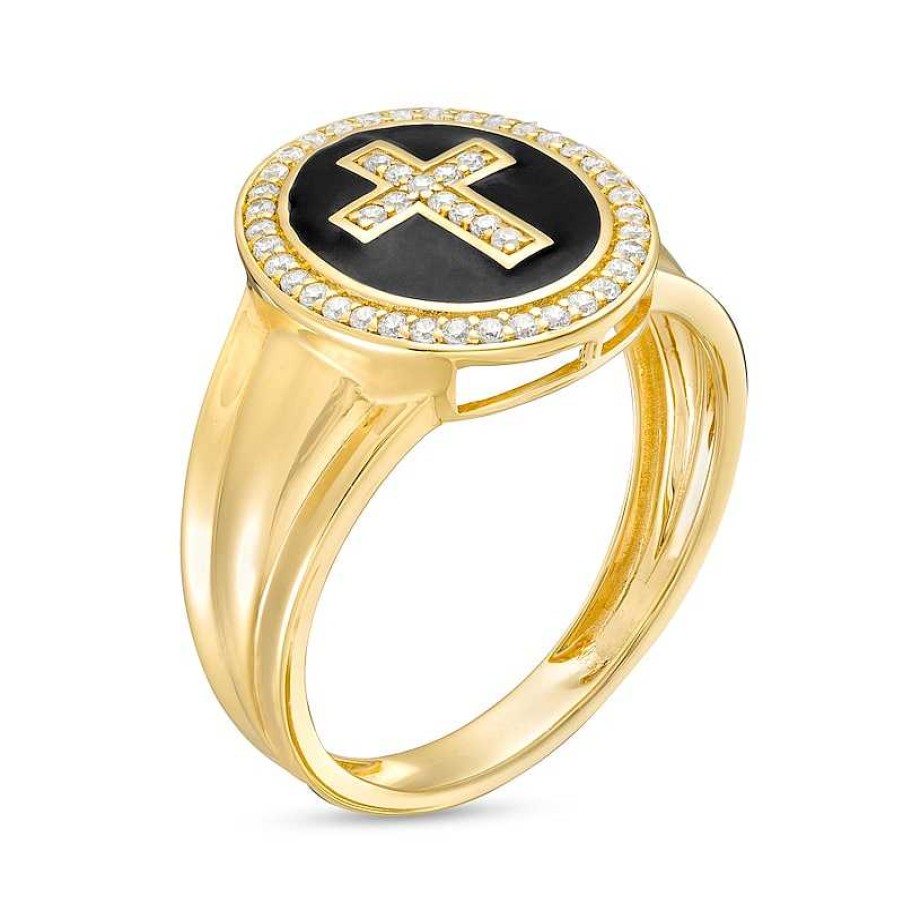 Banter Cubic Zirconia And Black Enamel Cross Ring In 10K Gold Rings