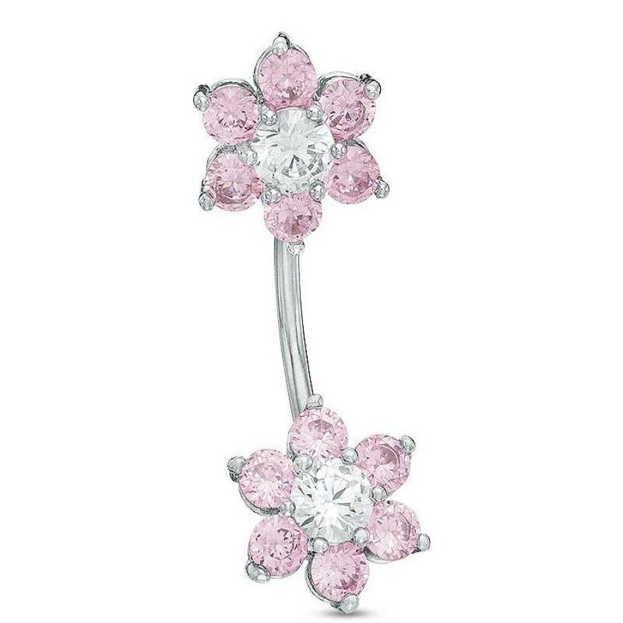 Banter Stainless Steel Cz Pink And White Double Flower Belly Button Ring - 14G Belly Button