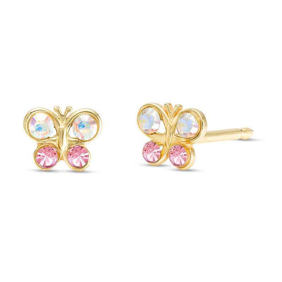 Banter Iridescent White And Pink Crystal Butterfly Stud Piercing Earrings In 14K Solid Gold Earrings