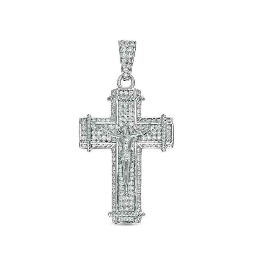 Banter Cubic Zirconia Rope-Textured Wrapped Ends Crucifix Necklace Charm In Solid Sterling Silver Charms