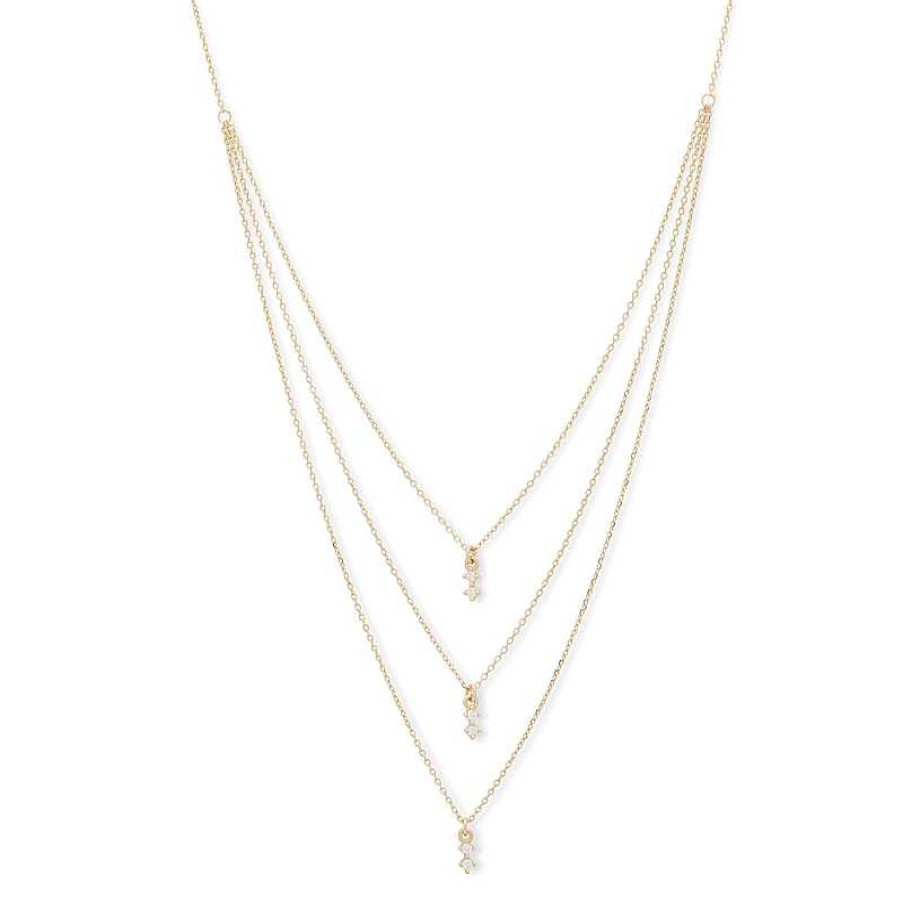 Banter Made In Italy Cubic Zirconia Drop Triple Strand Necklace In 10K Solid Rolo Gold And Casting Pendants - 16" Necklaces