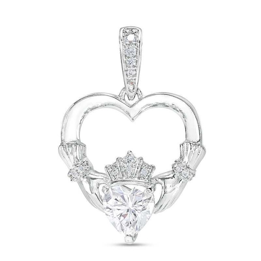 Banter 6.0Mm Heart-Shaped Cubic Zirconia Claddagh Heart Necklace Charm In Hollow Sterling Silver Charms