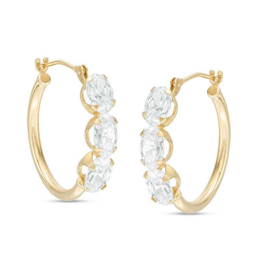 Banter Oval Cubic Zirconia Three Stone Hoop Earrings In 10K Gold Earrings