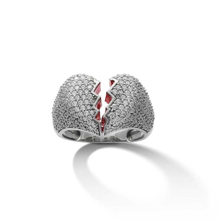 Banter Cubic Zirconia And Red Enamel Broken Heart Ring In Solid Sterling Silver Rings