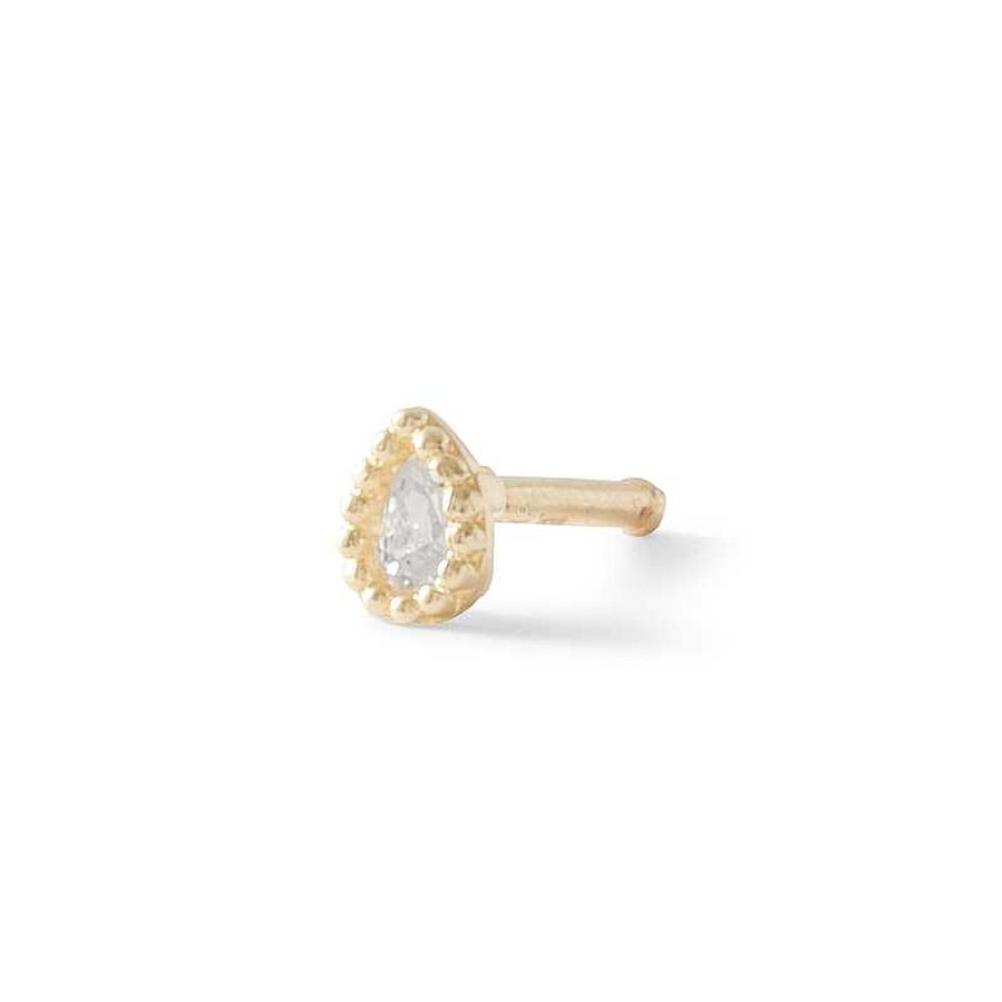 Banter 020 Gauge Pear-Shaped Cubic Zirconia Bead Frame Nose Stud In 14K Semi-Solid Gold Nose