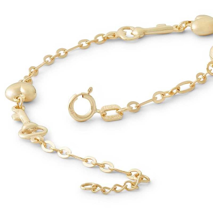 Banter Hollow Puff Heart And Key Link Bracelet In 10K Solid Gold - 7.5" Bracelets