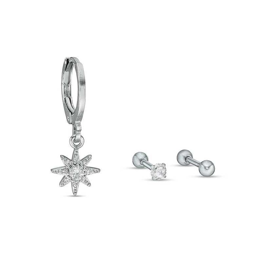 Banter 018 Gauge Cubic Zirconia Star, Solitaire And Ball Cartilage Barbell And Hoop Set In Stainless Steel And Brass - 5/16" Earrings