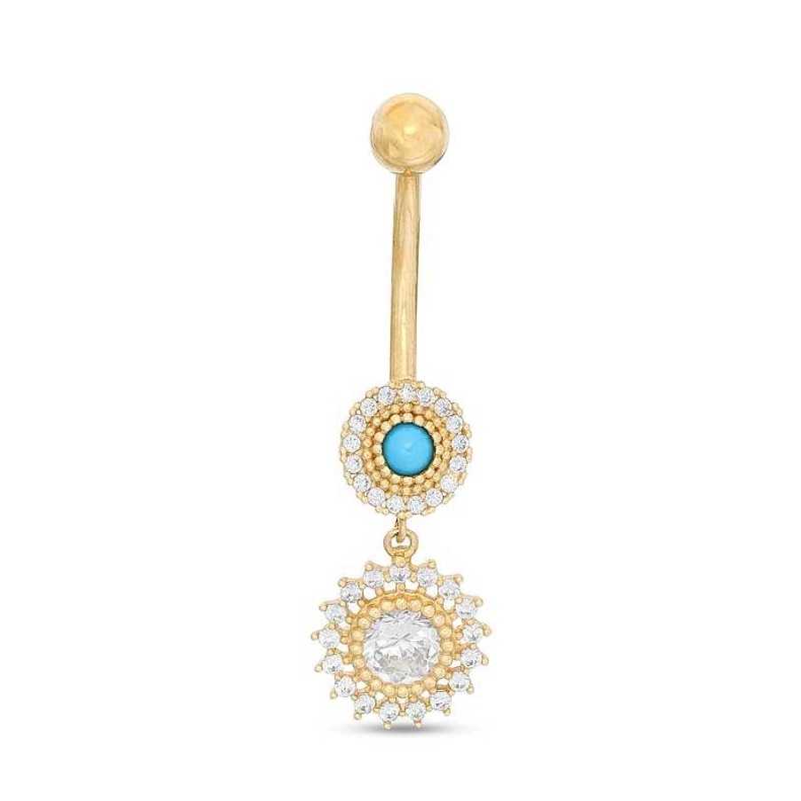 Banter 014 Gauge Simulated Turquoise And Cubic Zirconia Beaded Sunburst Dangle Belly Button Ring In 10K Gold Belly Button