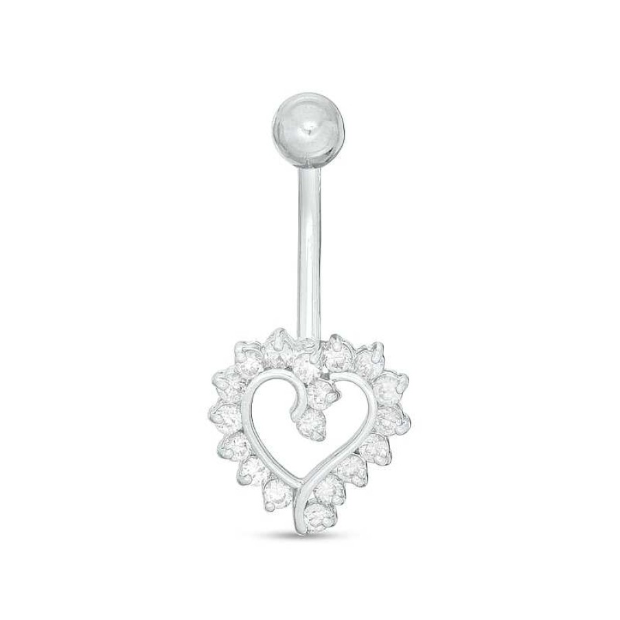 Banter 014 Gauge Cubic Zirconia Shadow Heart Belly Button Ring In 14K White Gold Belly Button