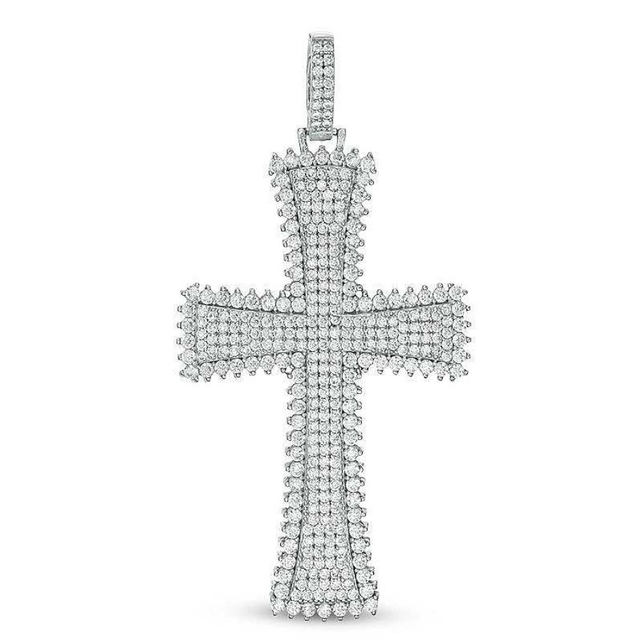 Banter Cubic Zirconia Textured Frame Cross Necklace Charm In Solid Sterling Silver Charms