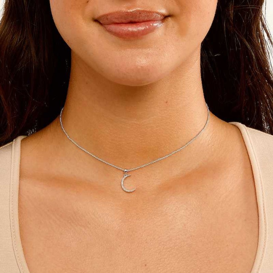 Banter Diamond Accent Crescent Moon Choker Pendant In Sterling Silver - 16" Necklaces