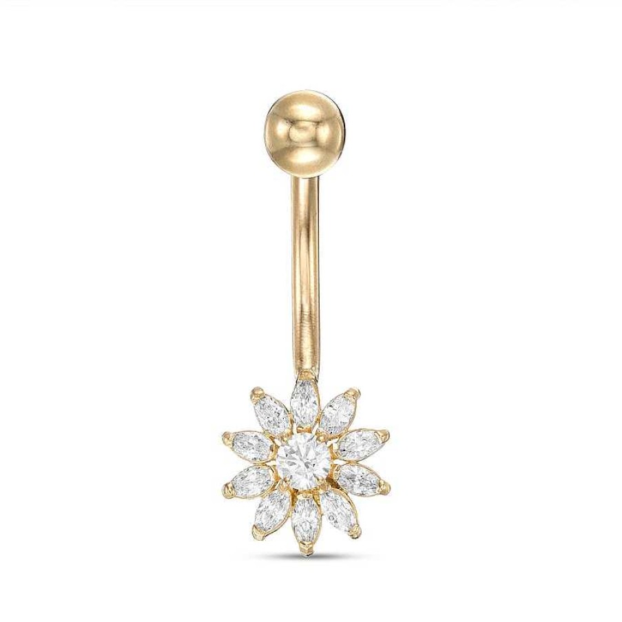 Banter 014 Gauge Marquise And Round Cubic Zirconia Flower Belly Button Ring In 10K Gold Belly Button