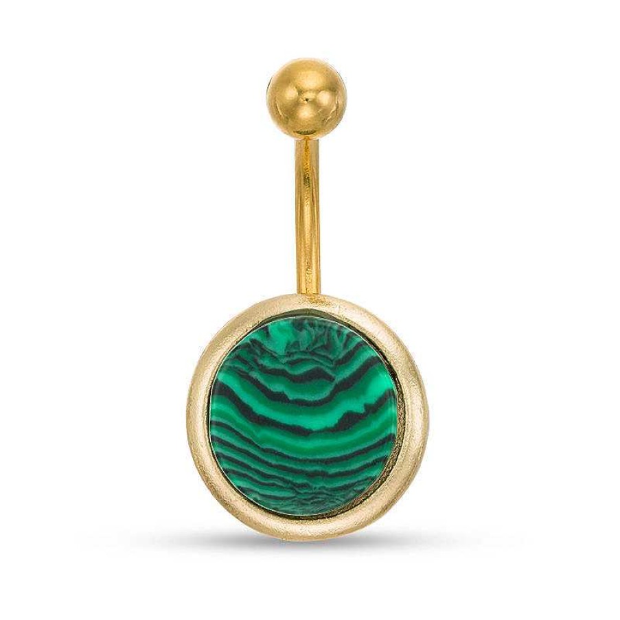 Banter 014 Gauge Simulated Malachite Belly Button Ring In Stainless Steel With Yellow Ip Belly Button