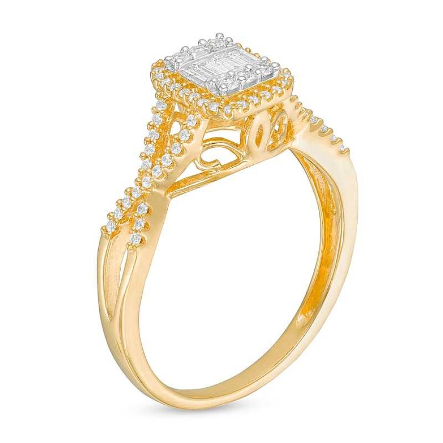 Banter 1/3 Ct. T.W. Baguette And Round Composite Diamond Octagonal Frame Twist Shank Engagement Ring In 10K Gold Rings