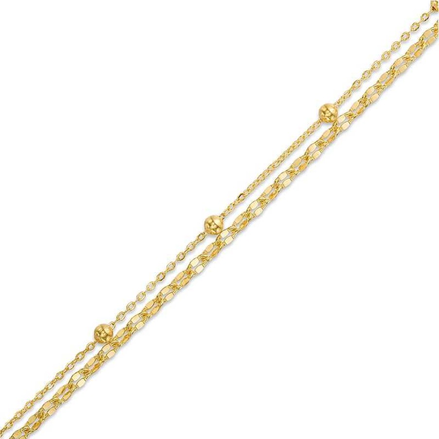 Banter Double Cable And Mirror Chain Anklet In 10K Solid Gold Bonded Sterling Silver - 10" Ankle