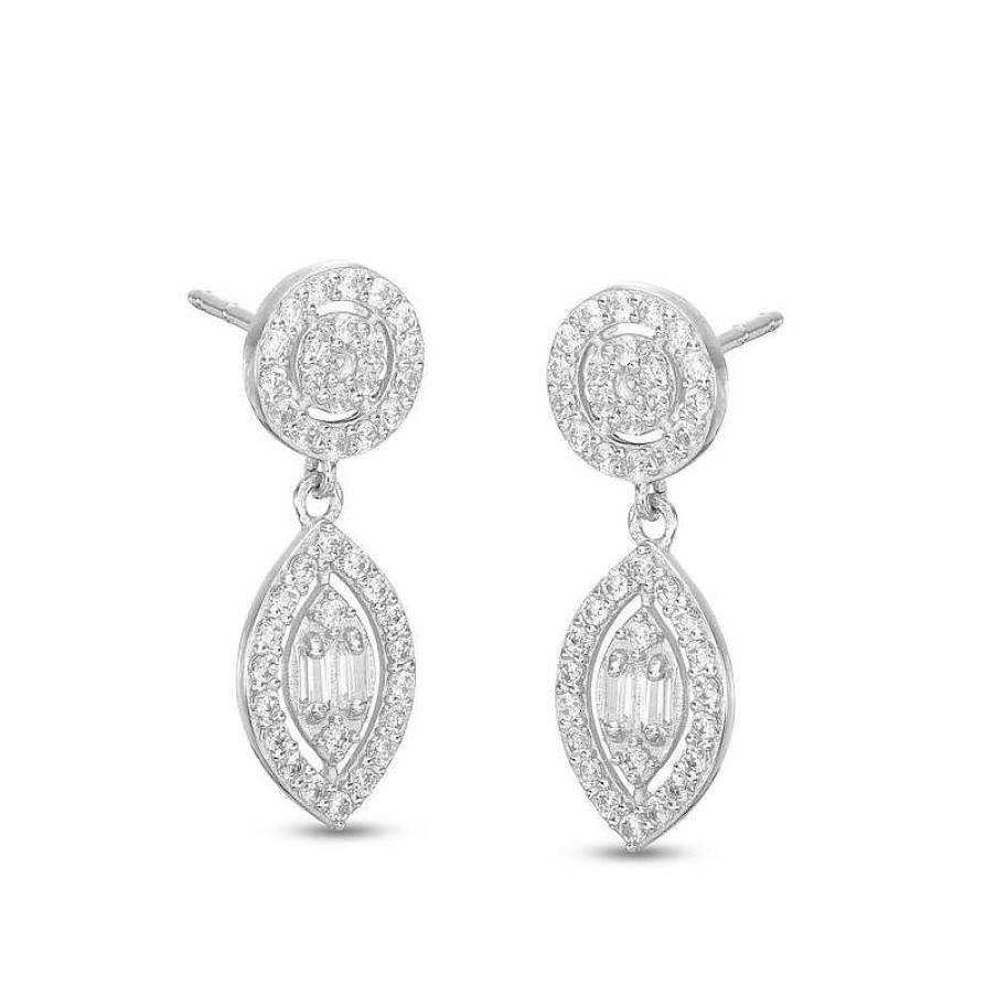 Banter Cubic Zirconia Round And Marquise Halo Fancy Dangle Earrings In Solid Sterling Silver Earrings