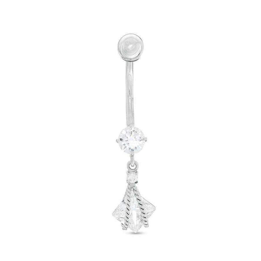 Banter 10K Semi-Solid White Gold Cz Square And Round Flower Rope Dangle Belly Button Ring - 14G Belly Button