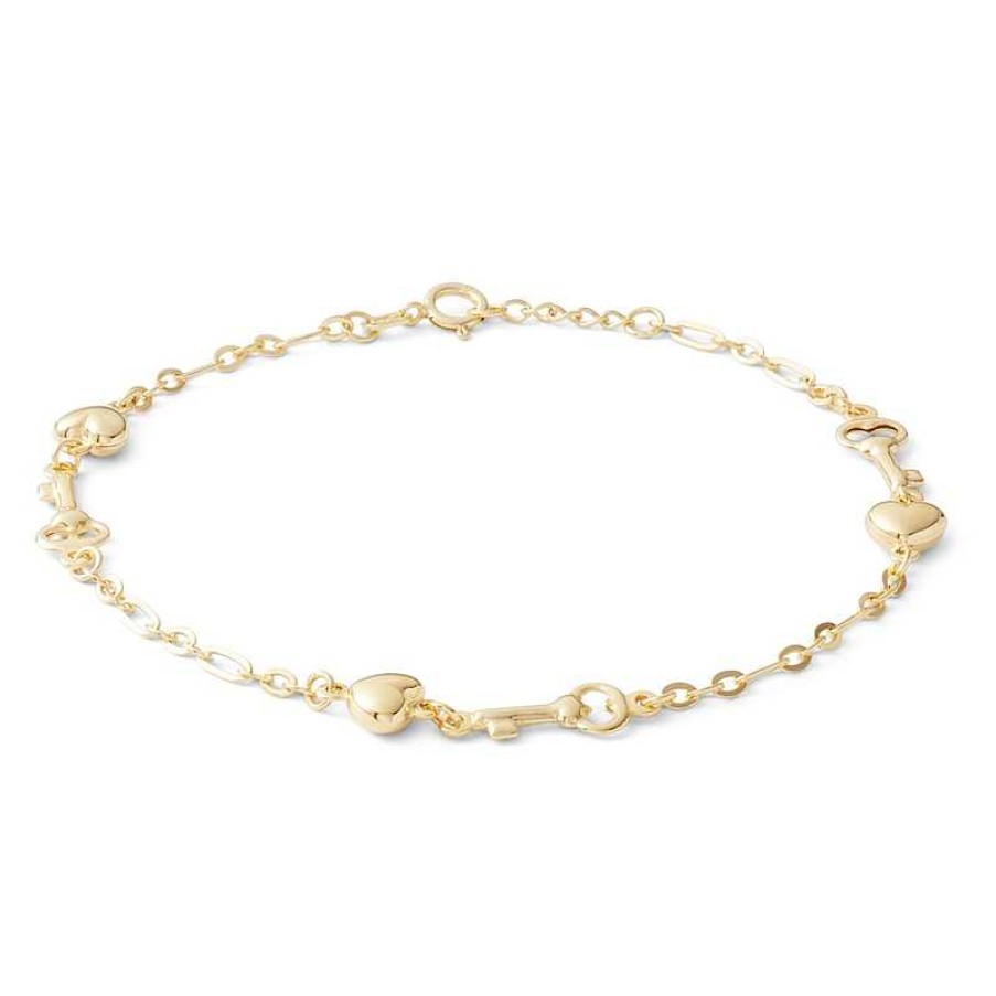 Banter Hollow Puff Heart And Key Link Bracelet In 10K Solid Gold - 7.5" Bracelets