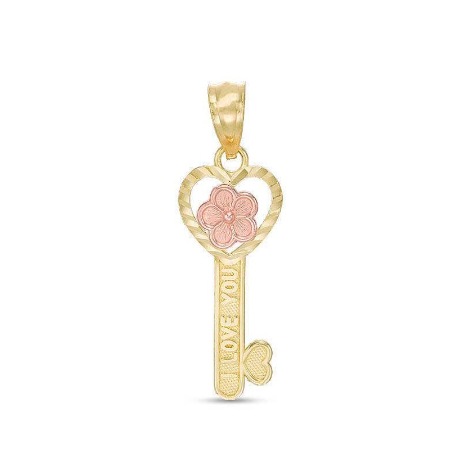 Banter Child'S Diamond-Cut "I Love You" Heart-Top And Flower Key Necklace Charm In 10K Two-Tone Gold Charms